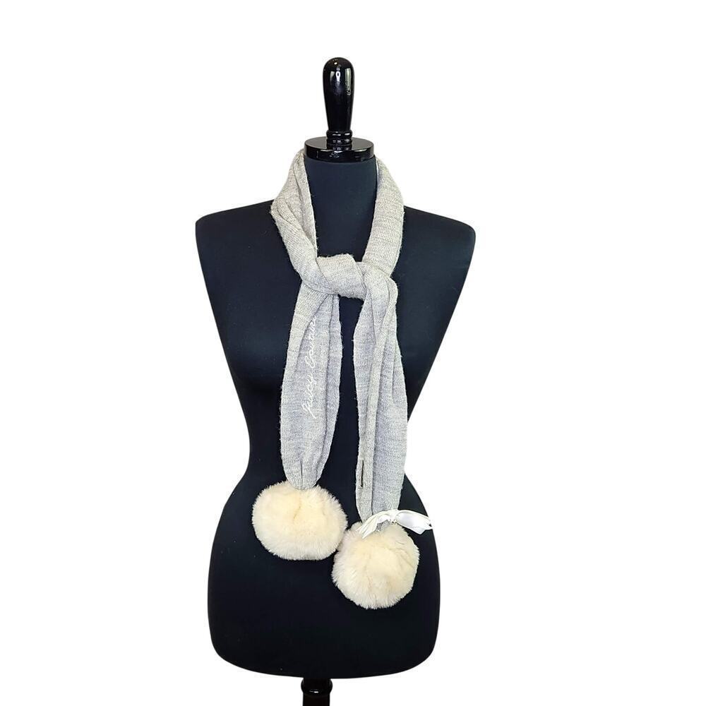 Juicy Couture Gray Knit Scarf Faux Fur Pompoms Bow Y2K 2000s Retro